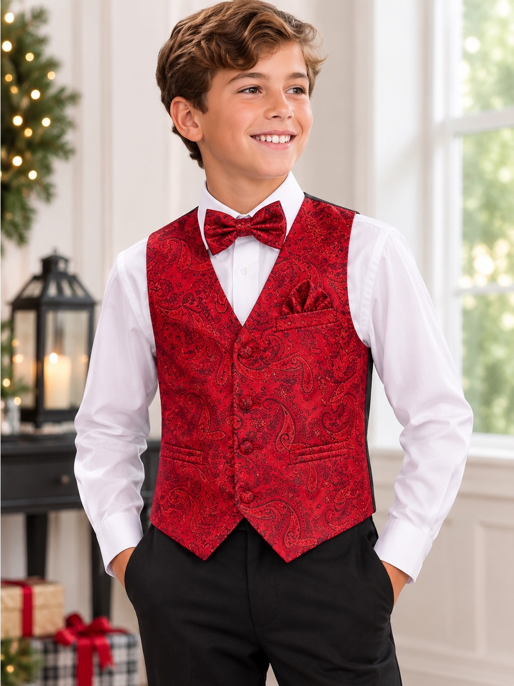 Gioberti Boys Size 12 Red Paisley 4 Piece Formal Vest Set NWT